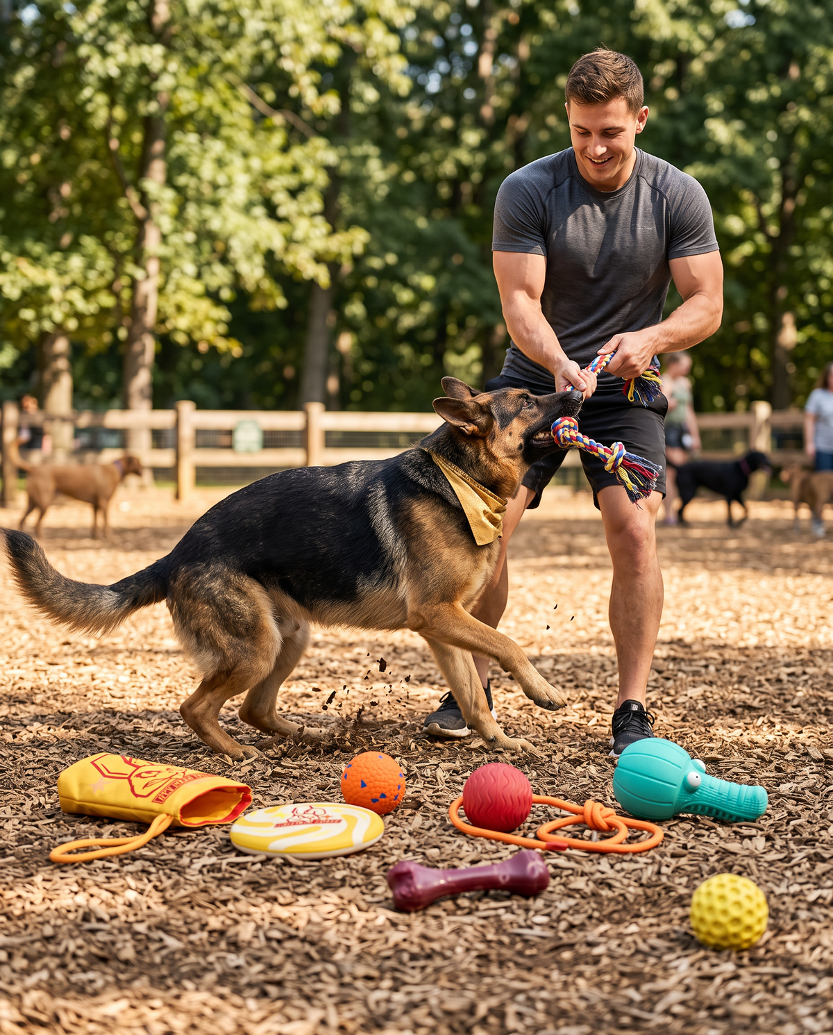 German Shepherd tugging rope toy at the dog park, Chomper Bundle toys durable for power chewers