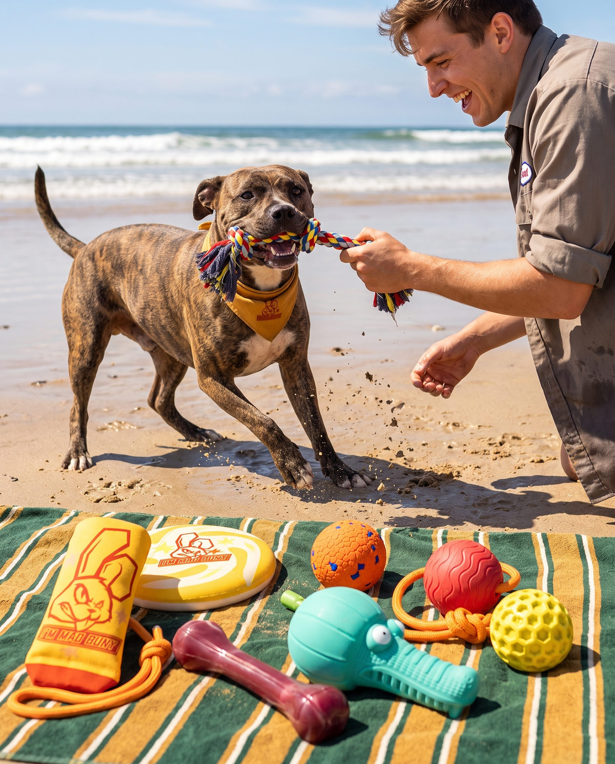 Pit bull mix playing tug-of-war on the beach with Chomper Bundle toys
