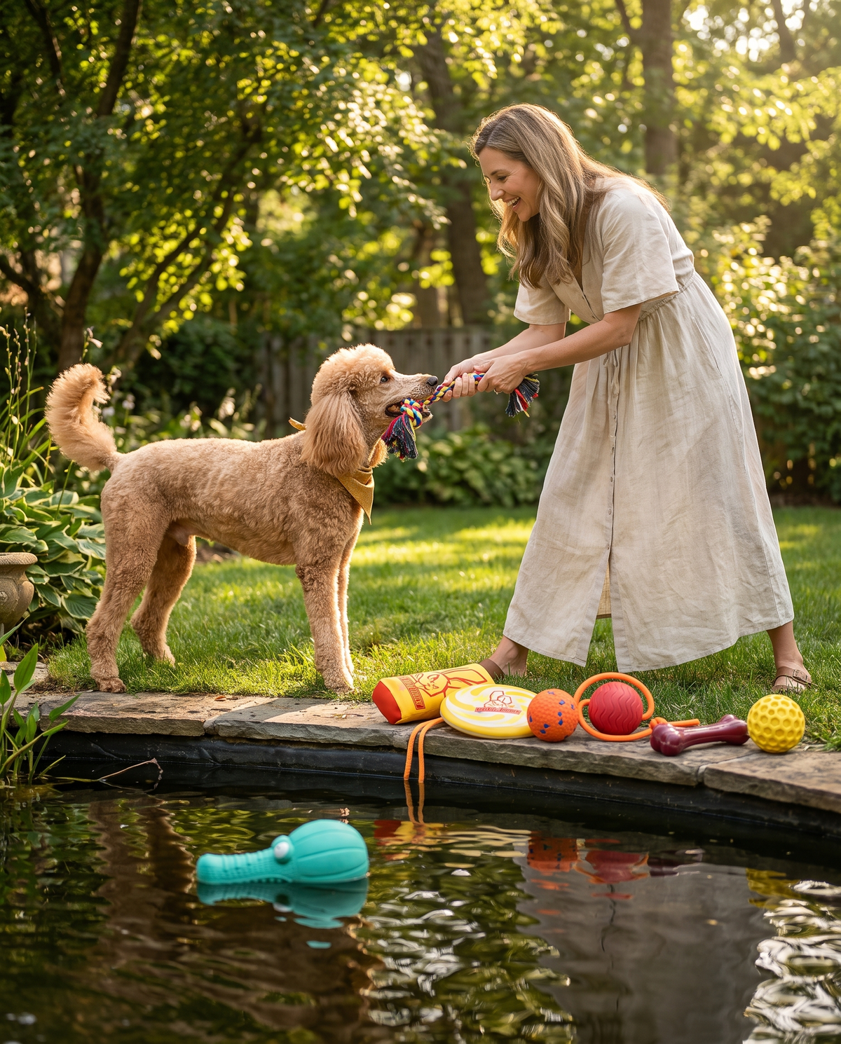 Standard Poodle playing near garden pond with Chomper Bundle toys