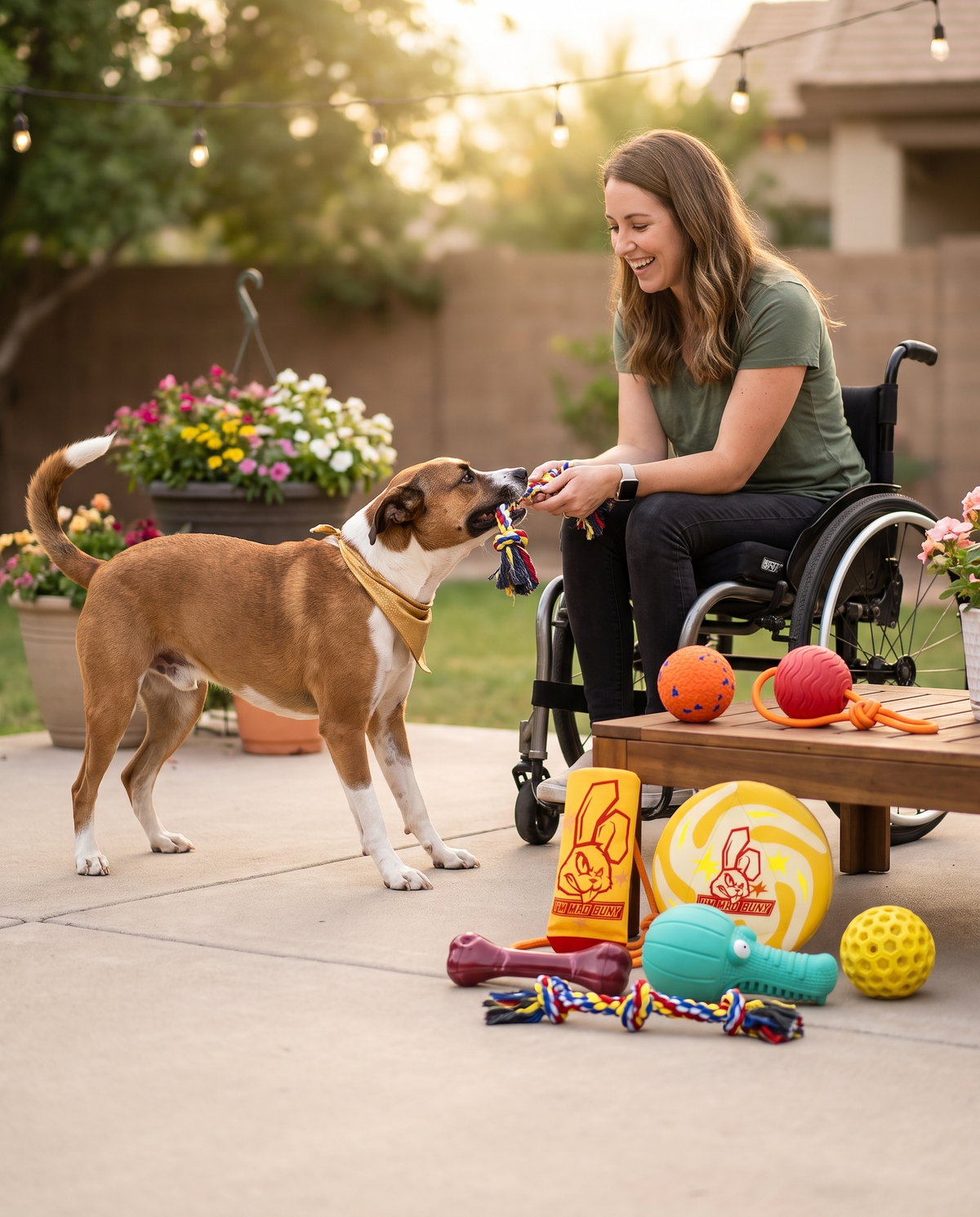 Rescue dog playing tug-of-war with owner on accessible patio, Chomper Bundle toys