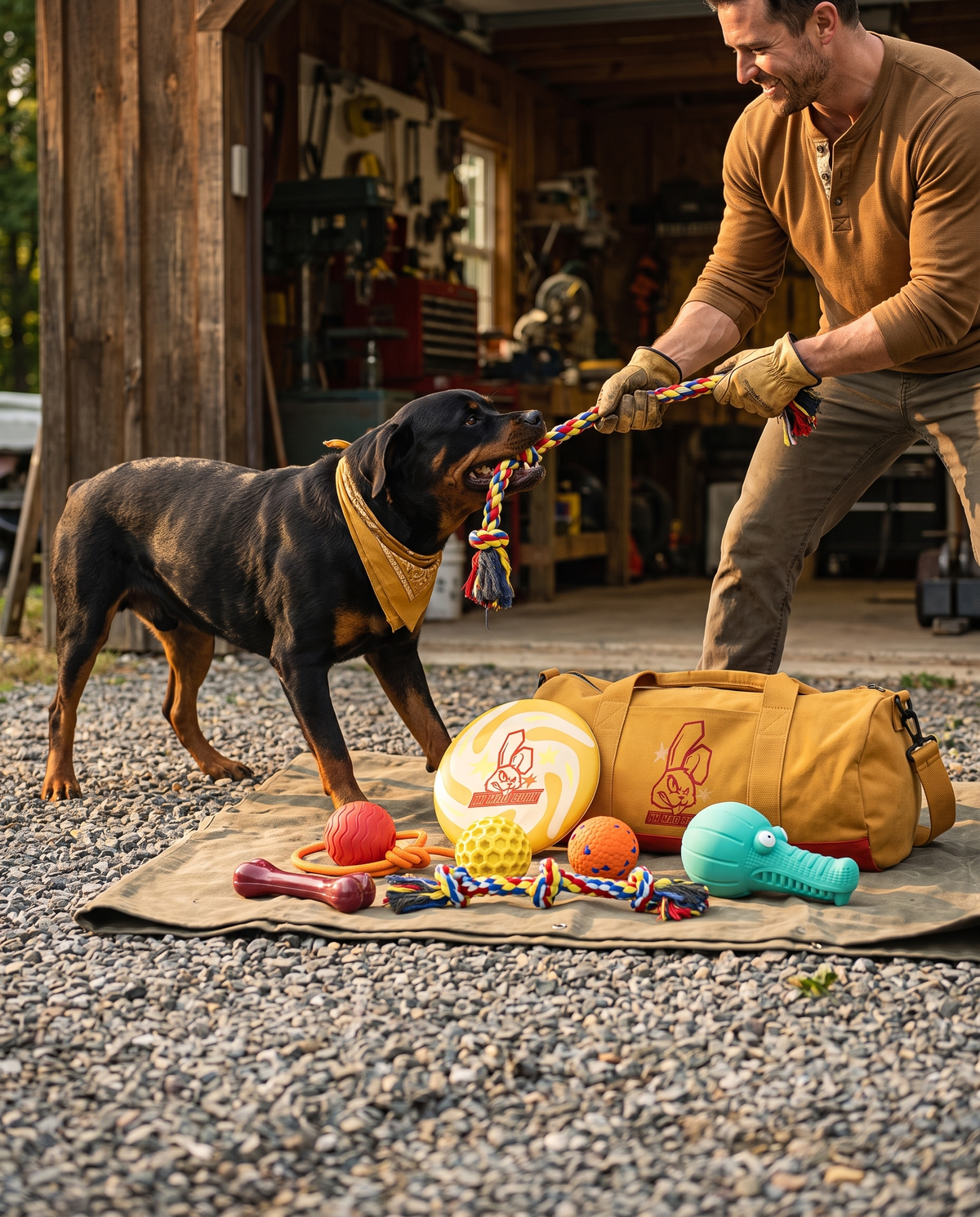 Rottweiler tugging rope toy, heavy-duty Chomper Bundle toys on driveway