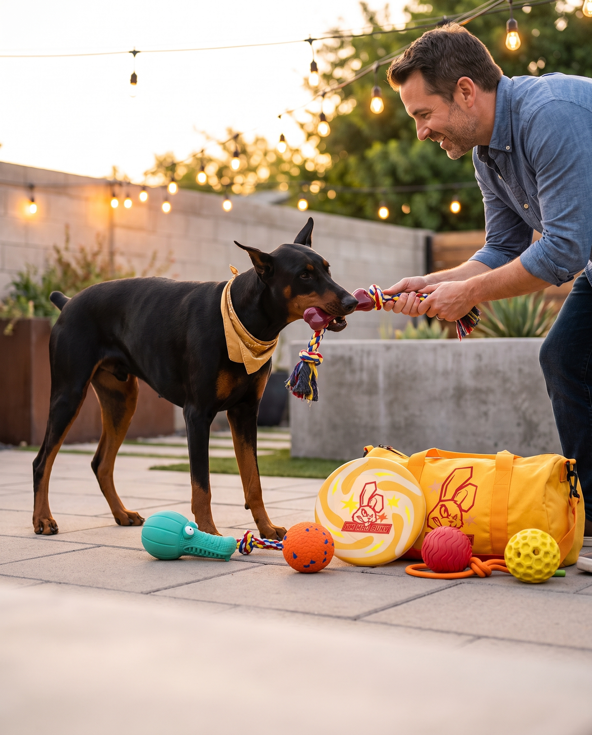 Doberman chewing rubber bone toy, Chomper Bundle on modern patio