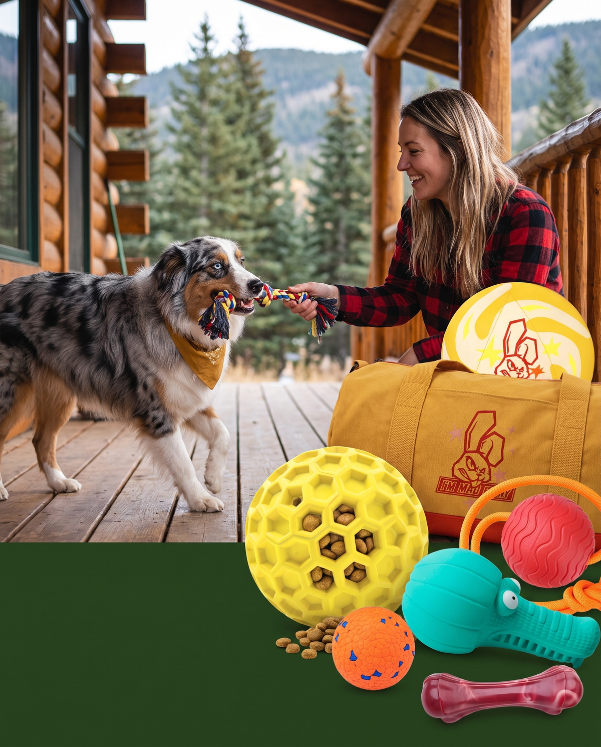 Australian Shepherd with treat-dispensing ball, Chomper Bundle on cabin porch