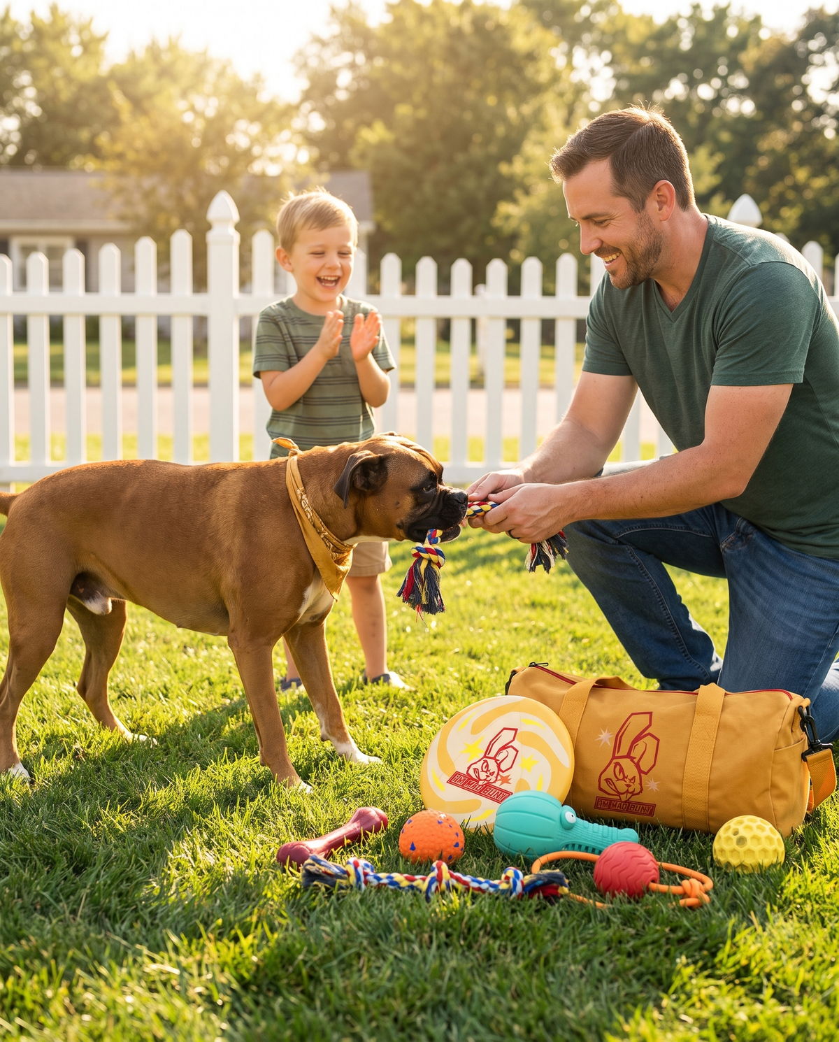 Boxer playing tug-of-war with dad and child, Chomper Bundle family play