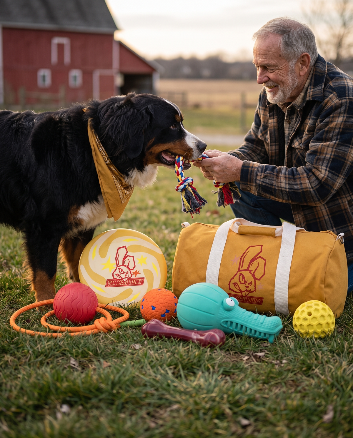 Bernese Mountain Dog playing tug-of-war with owner on a farm, Chomper Bundle for large breeds