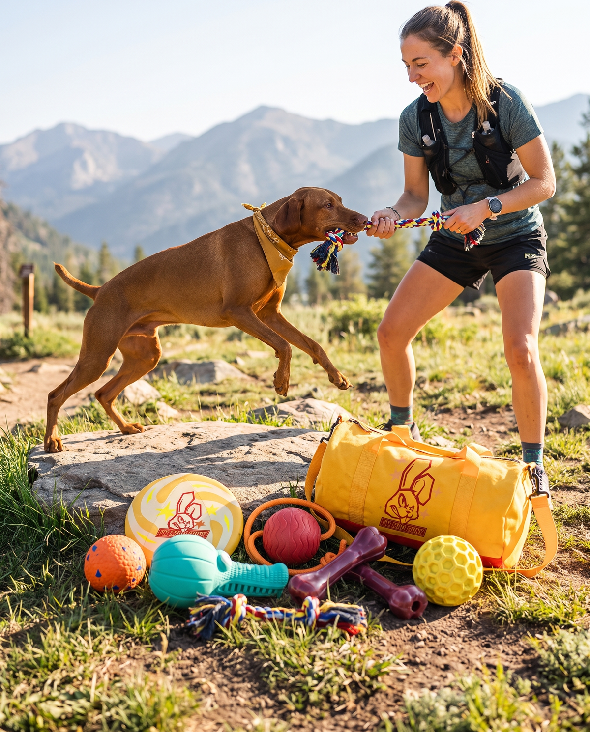 Vizsla playing tug-of-war at a hiking trailhead with Chomper Bundle toys