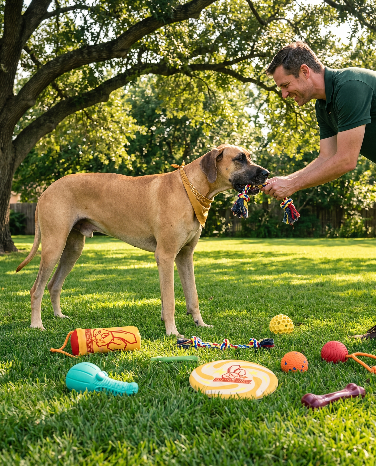 Great Dane playing tug-of-war with owner in backyard, Chomper Bundle sized for extra-large breeds