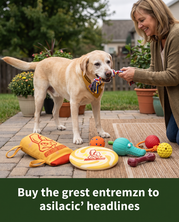 Senior Labrador playing gently with owner, Chomper Bundle toys on patio
