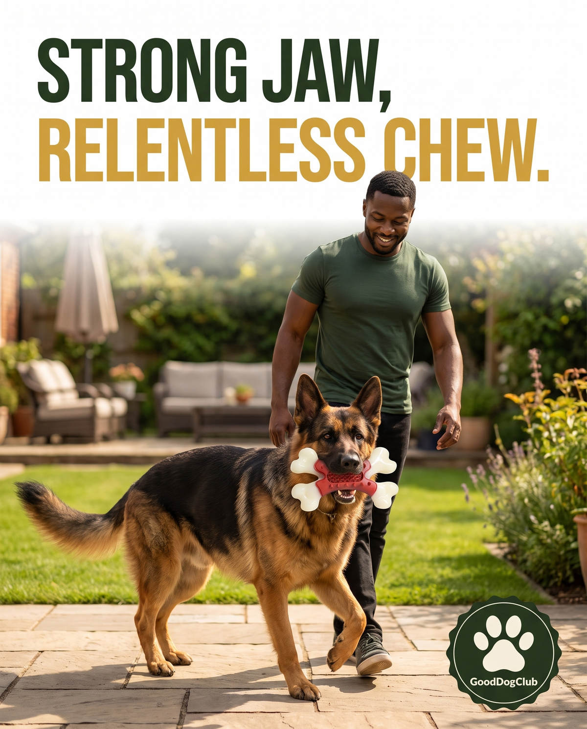 German Shepherd carrying the Chomper X Bone toy in a backyard, strong jaw relentless chew ad graphic