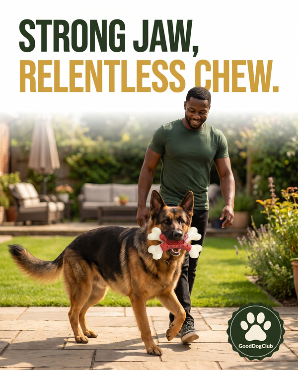 German Shepherd carrying the Chomper X Bone toy in a backyard, strong jaw relentless chew ad graphic