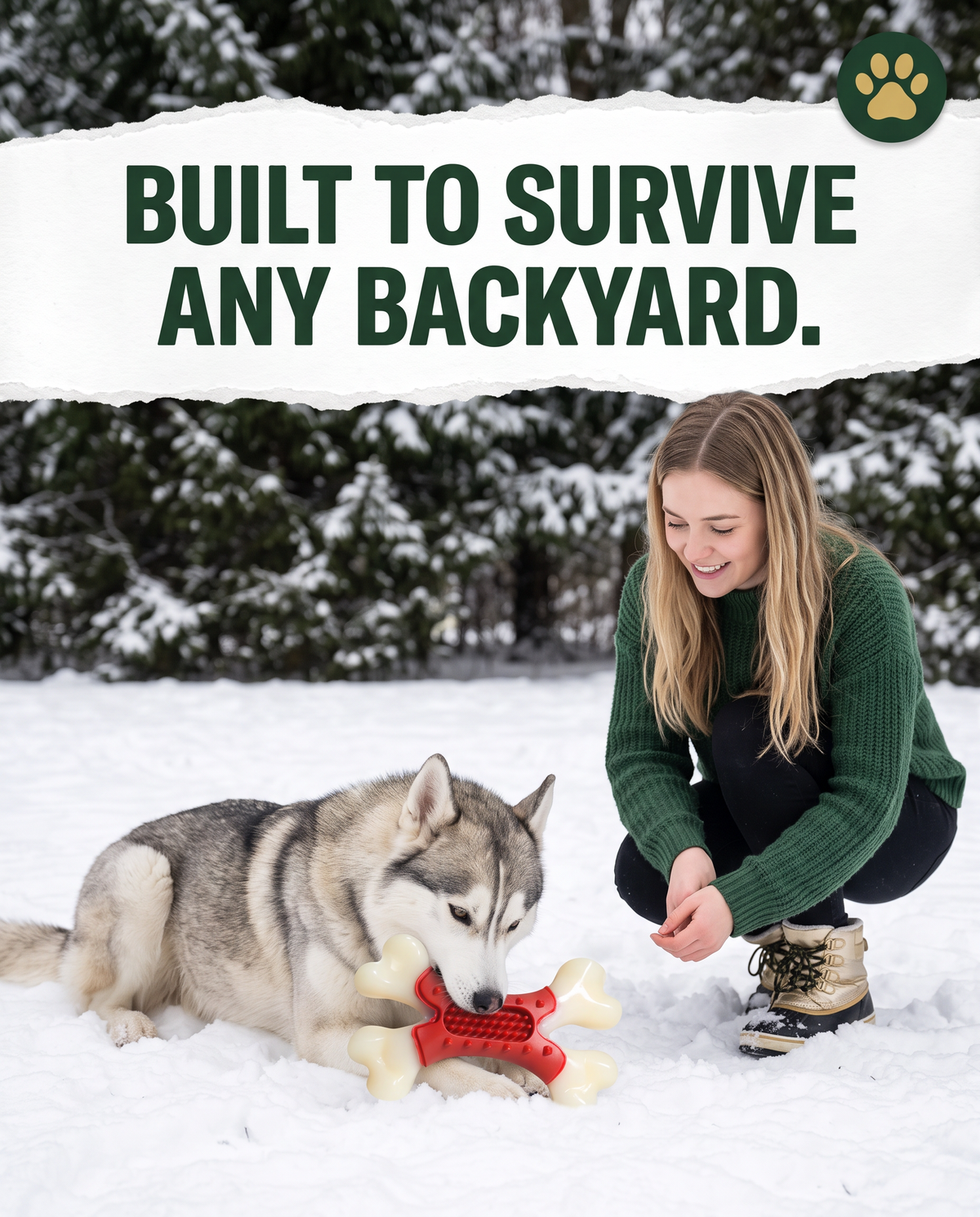 Siberian Husky chewing the Chomper X Bone toy in the snow, built to survive any backyard ad graphic