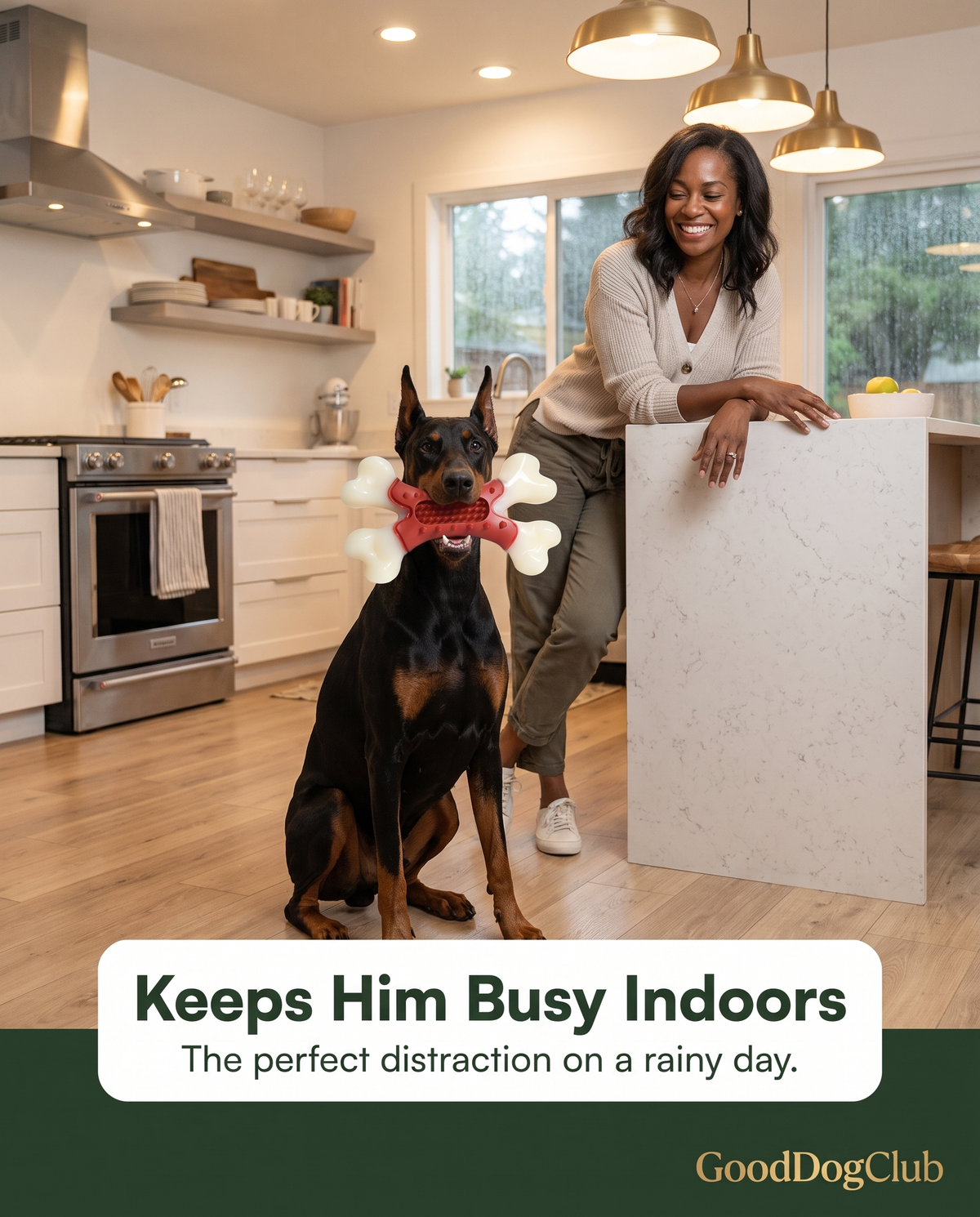Doberman with Chomper X Bone toy in a modern kitchen, keeps him busy indoors ad graphic