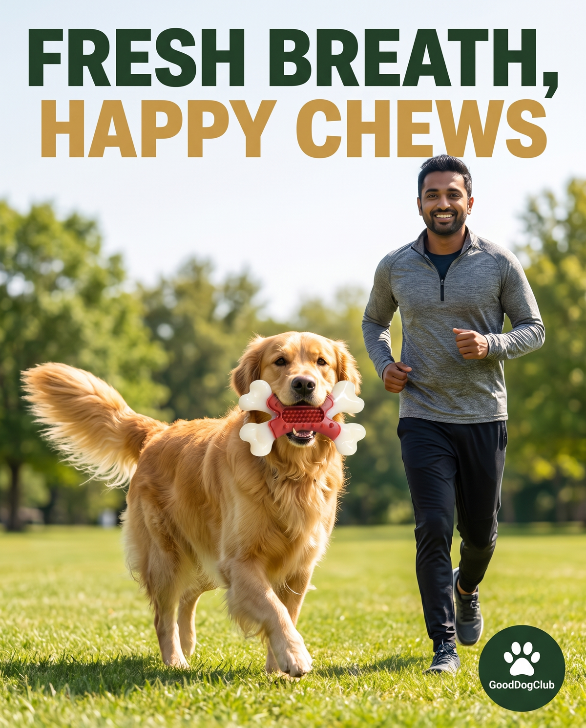 Golden Retriever with Chomper X Bone toy in the park, fresh breath happy chews ad graphic