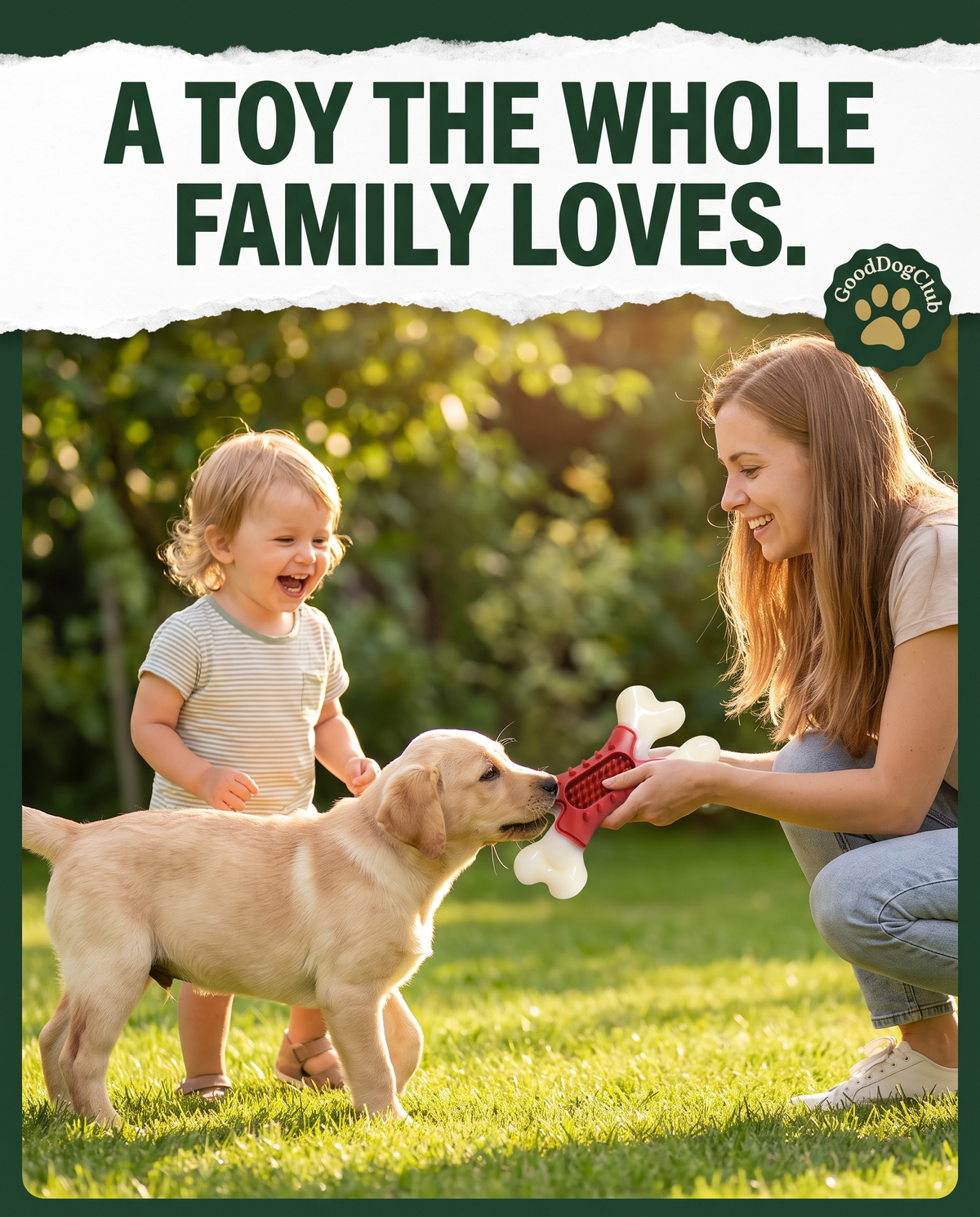 Labrador puppy and family with Chomper X Bone toy, a toy the whole family loves ad graphic
