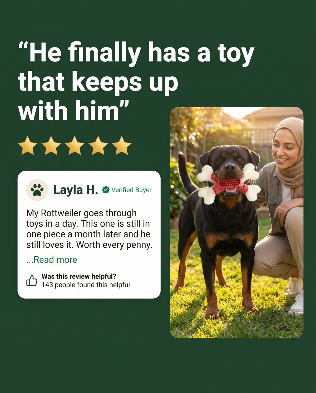 Rottweiler with Chomper X Bone toy, verified buyer review testimonial ad graphic