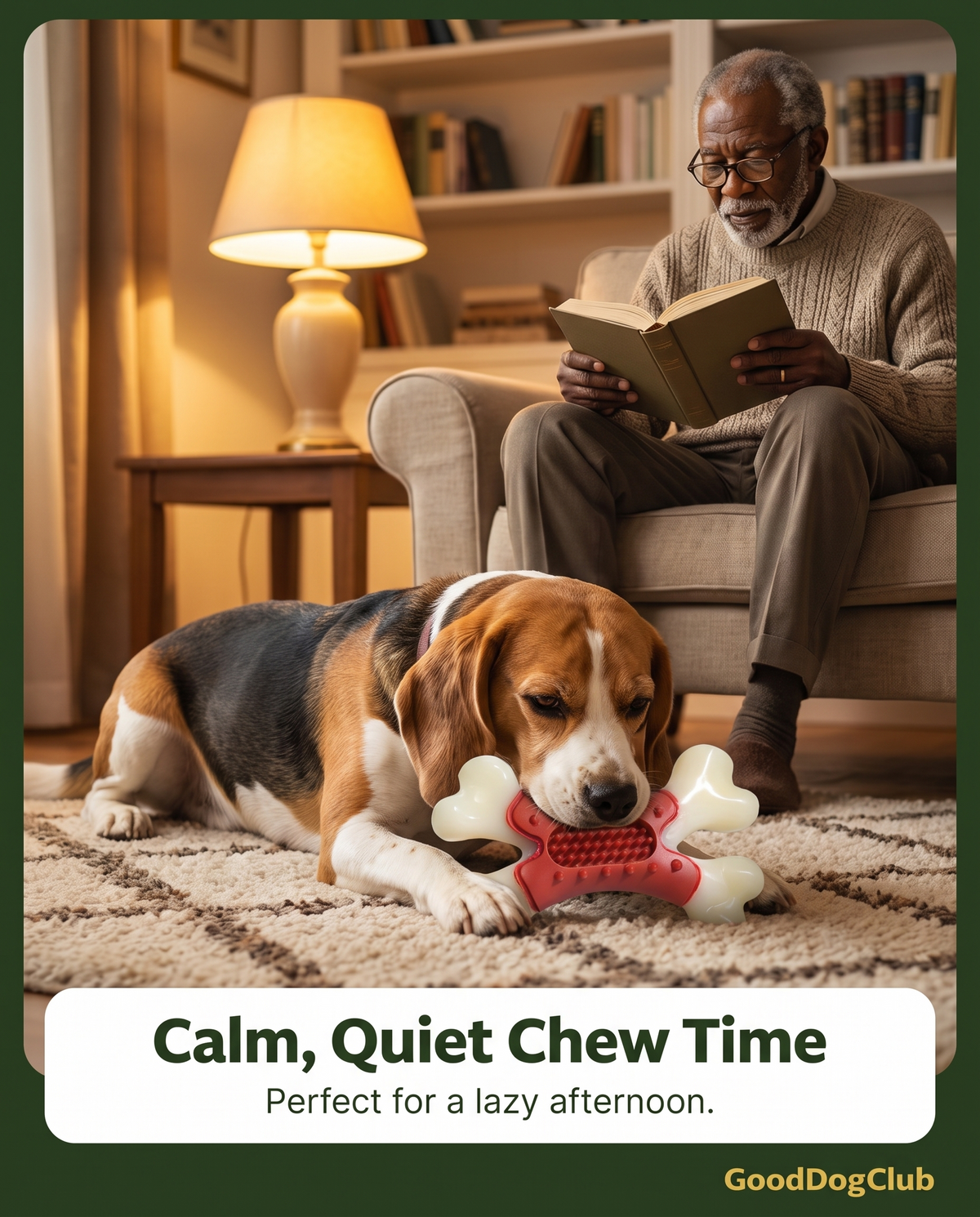 Beagle with Chomper X Bone toy indoors, calm quiet chew time ad graphic
