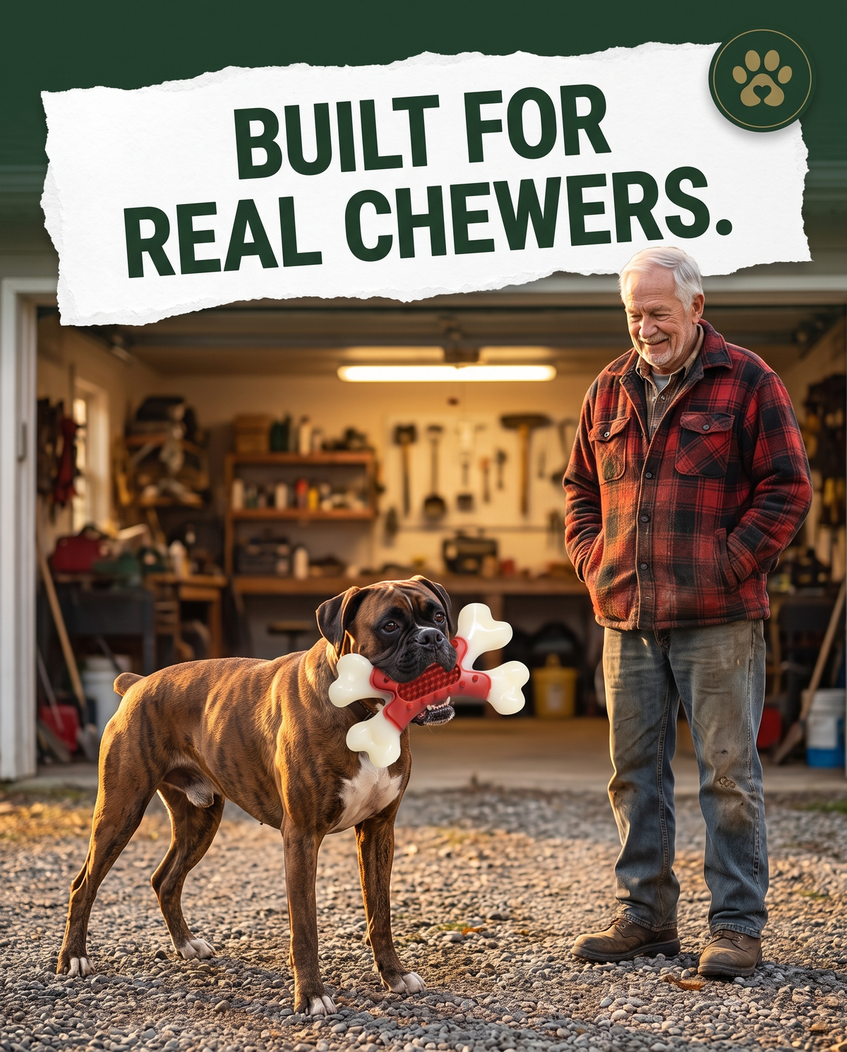 Boxer with Chomper X Bone toy on a driveway, built for real chewers ad graphic