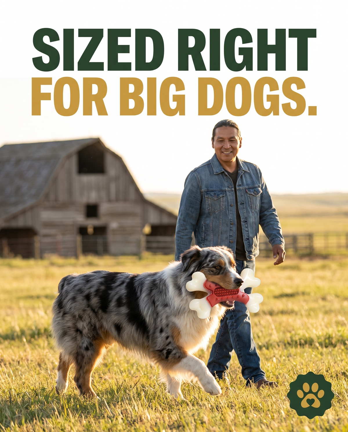 Australian Shepherd with Chomper X Bone toy on a ranch, sized right for big dogs ad graphic