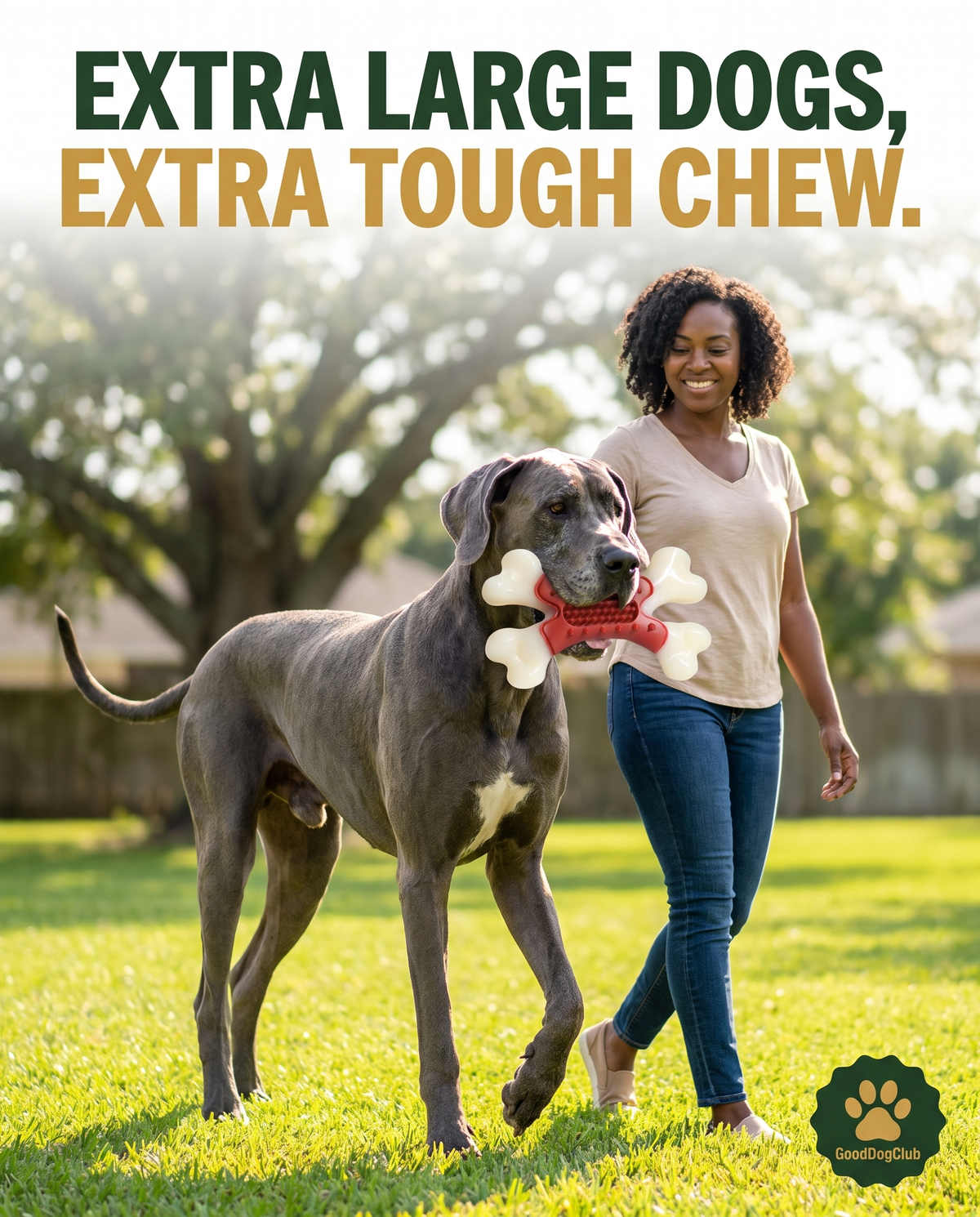 Great Dane and owner with Chomper X Bone toy in backyard, extra large dogs extra tough chew ad graphic
