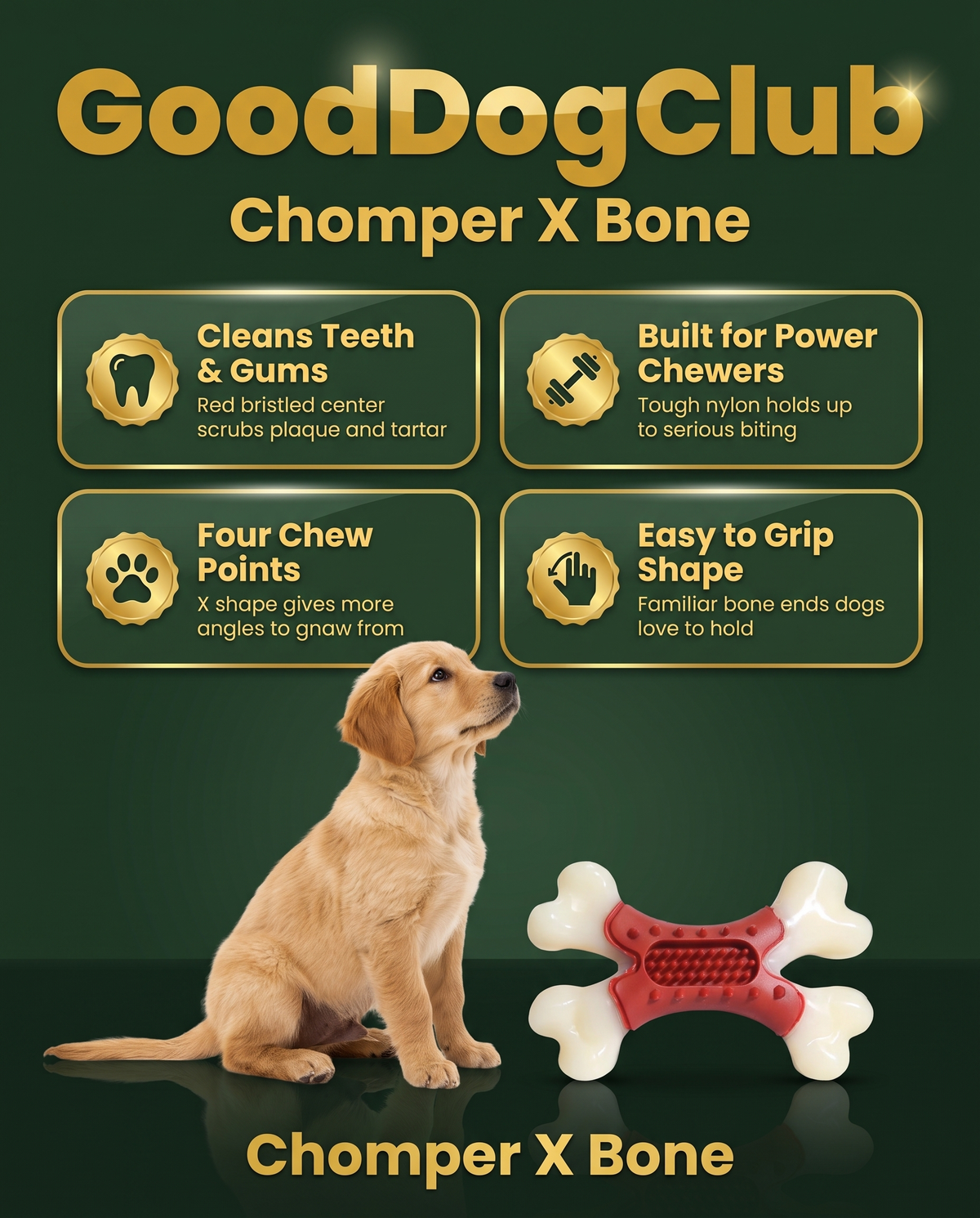 GoodDogClub Chomper X Bone infographic — cleans teeth, built for power chewers, four chew points, easy to grip