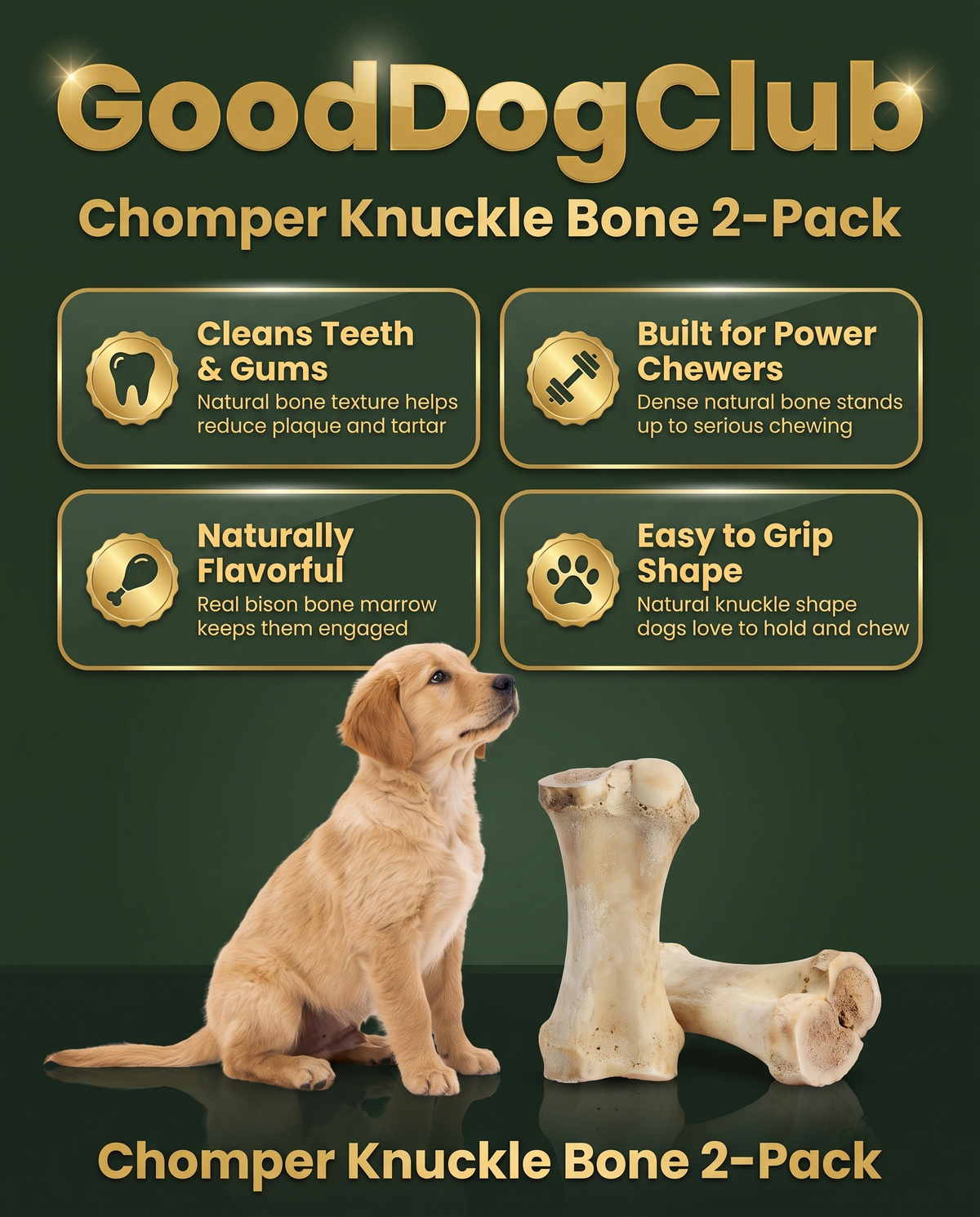 GoodDogClub Chomper Knuckle Bone 2-Pack shiny gold infographic with real bison bone texture — cleans teeth, built for power chewers, naturally flavorful, easy to grip