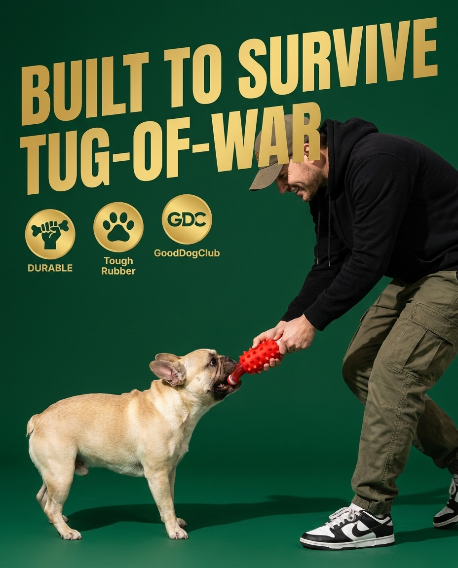 Dog playing tug-of-war with Chomper Red Bone, bold graphic ad