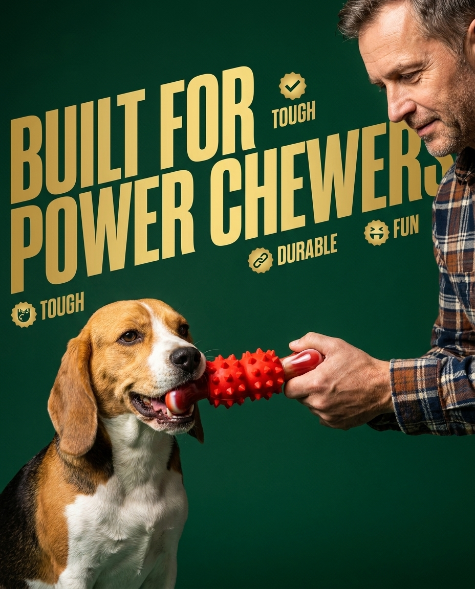 Beagle playing tug-of-war with Chomper Red Bone, bold ad