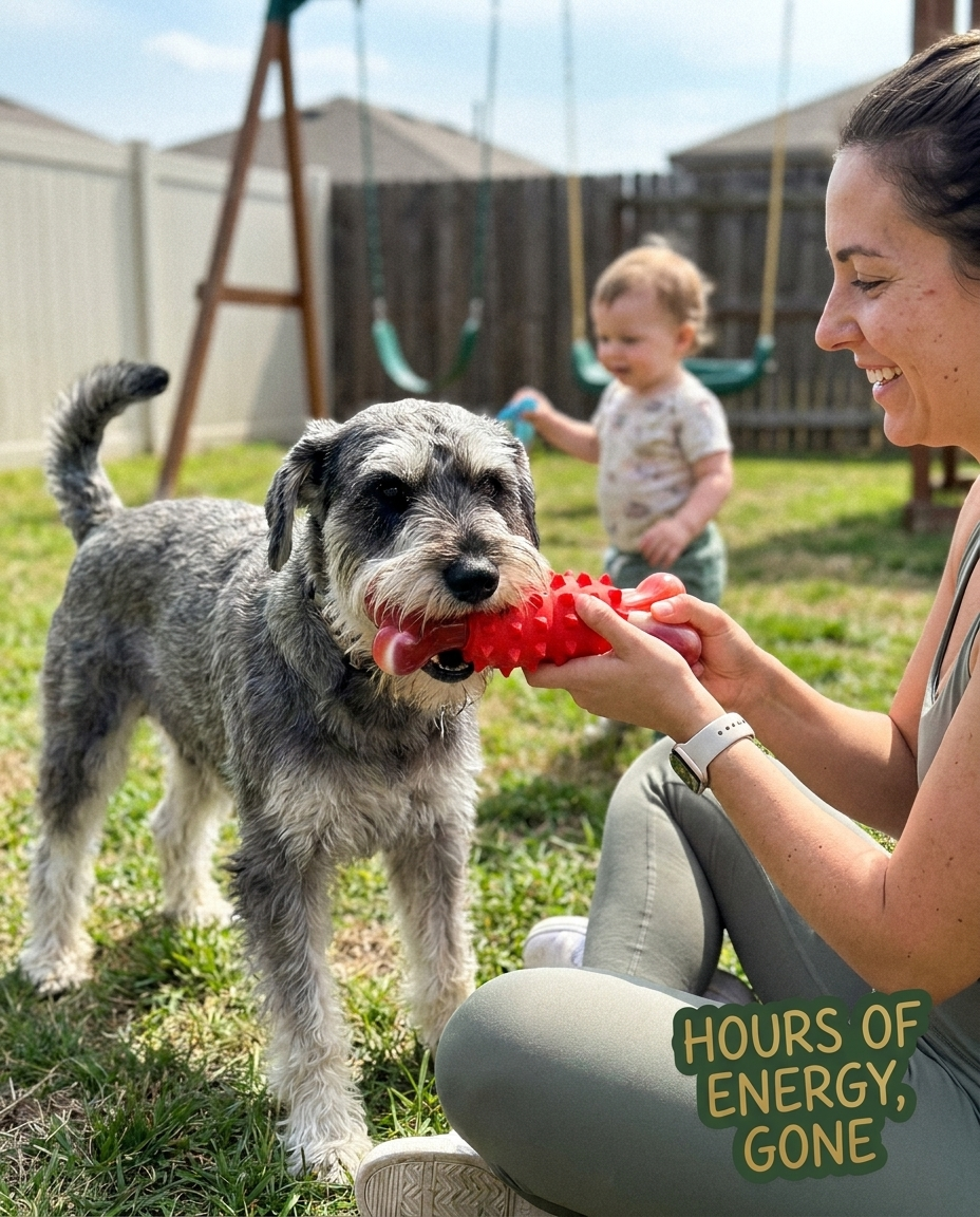 Standard Schnauzer playing tug-of-war with Chomper Red Bone in backyard