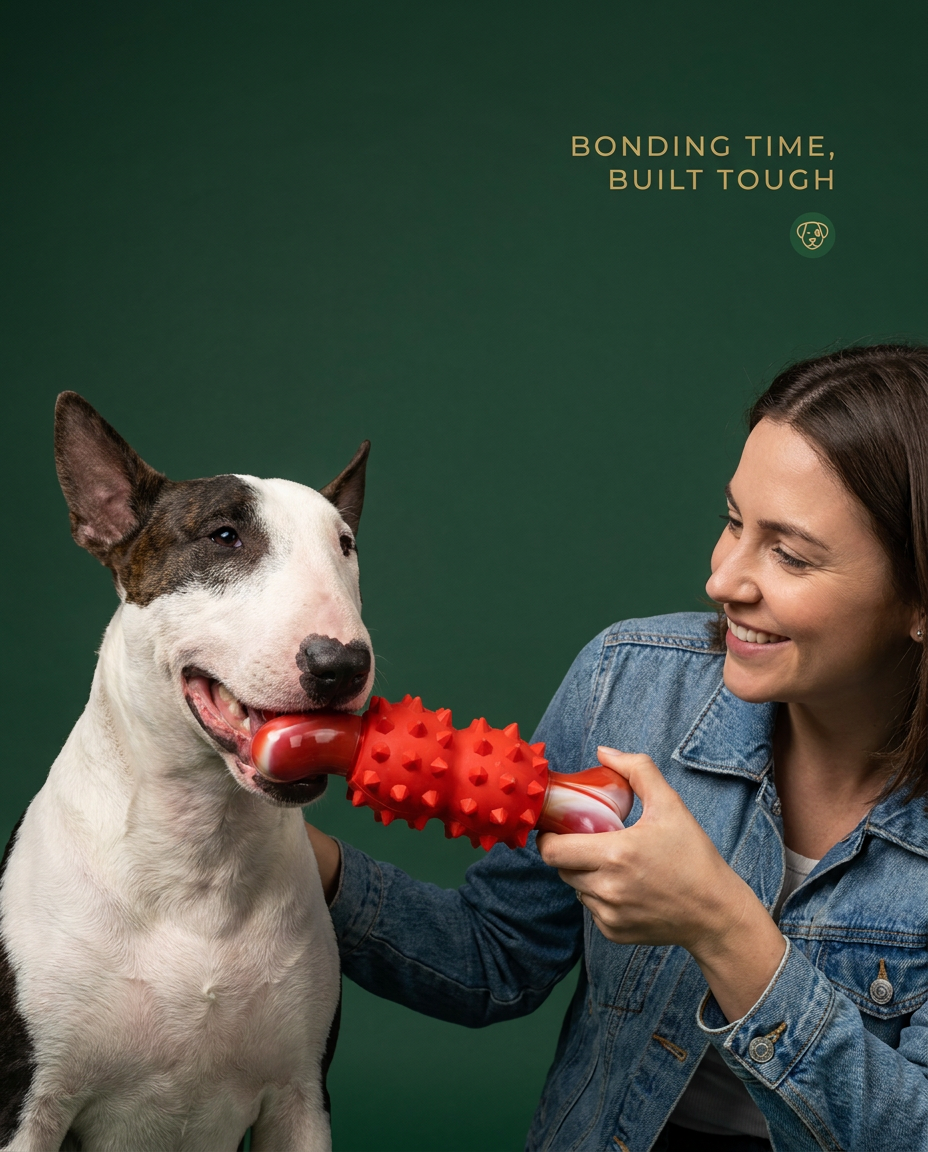 Bull Terrier with Chomper Red Bone, minimalist ad