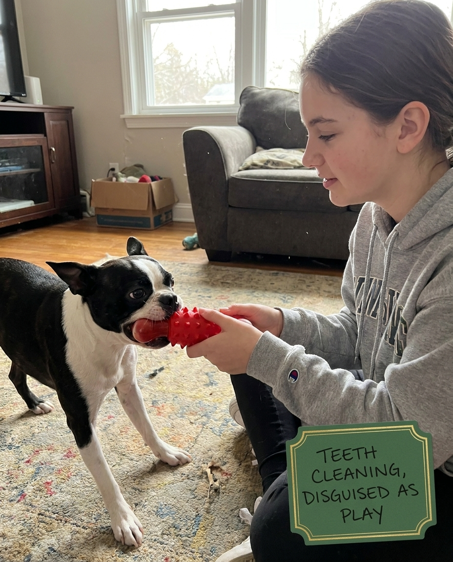 Boston Terrier playing tug-of-war with Chomper Red Bone at home