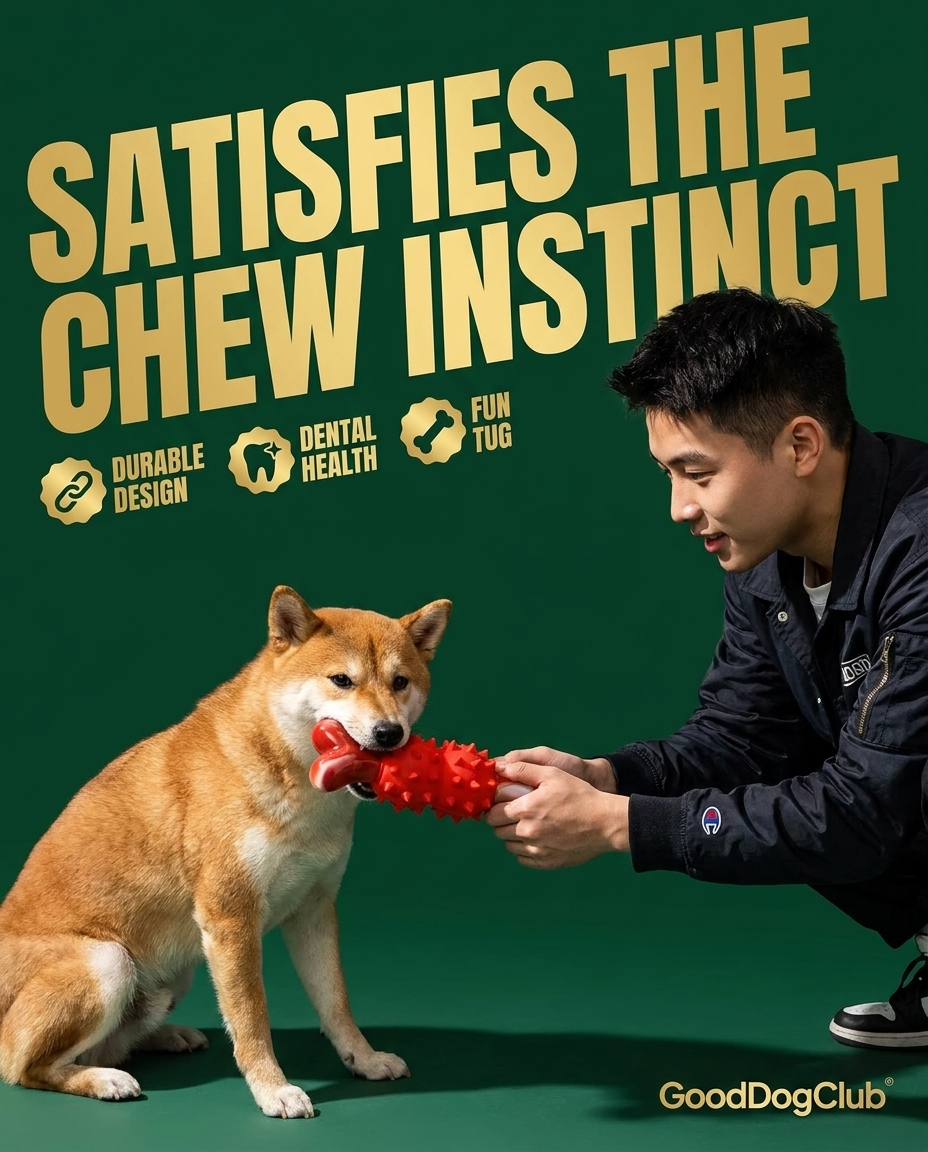 Shiba Inu playing tug-of-war with Chomper Red Bone, bold ad