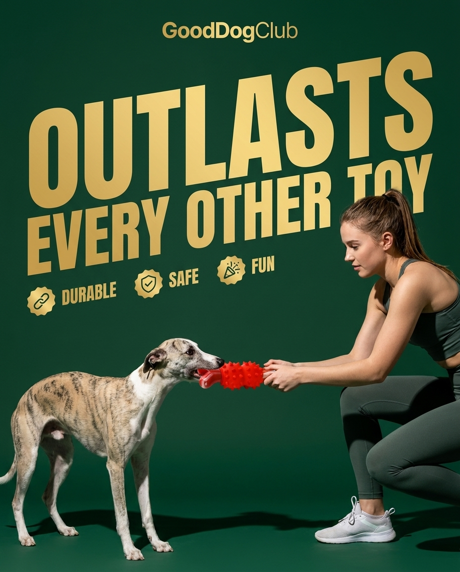 Whippet playing tug-of-war with Chomper Red Bone, bold ad