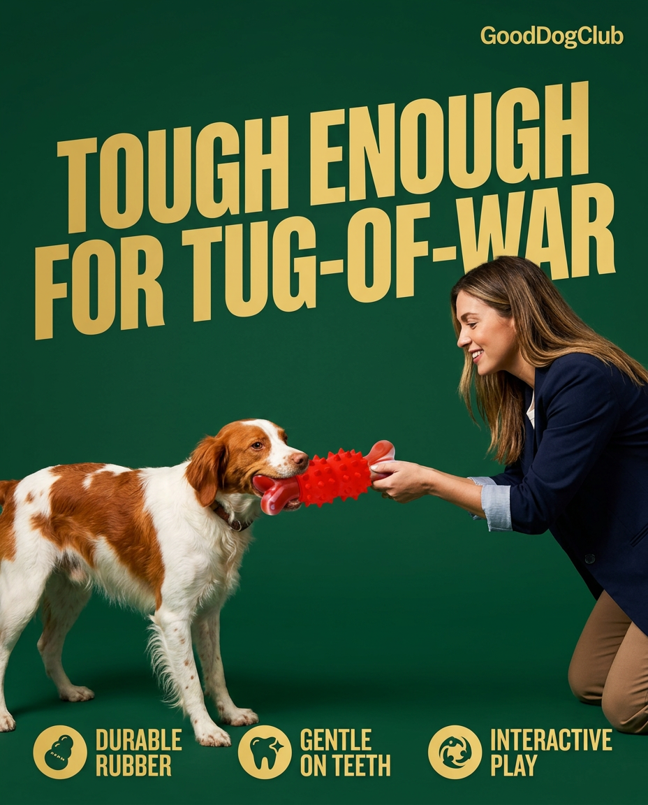 Brittany Spaniel playing tug-of-war with Chomper Red Bone, bold ad