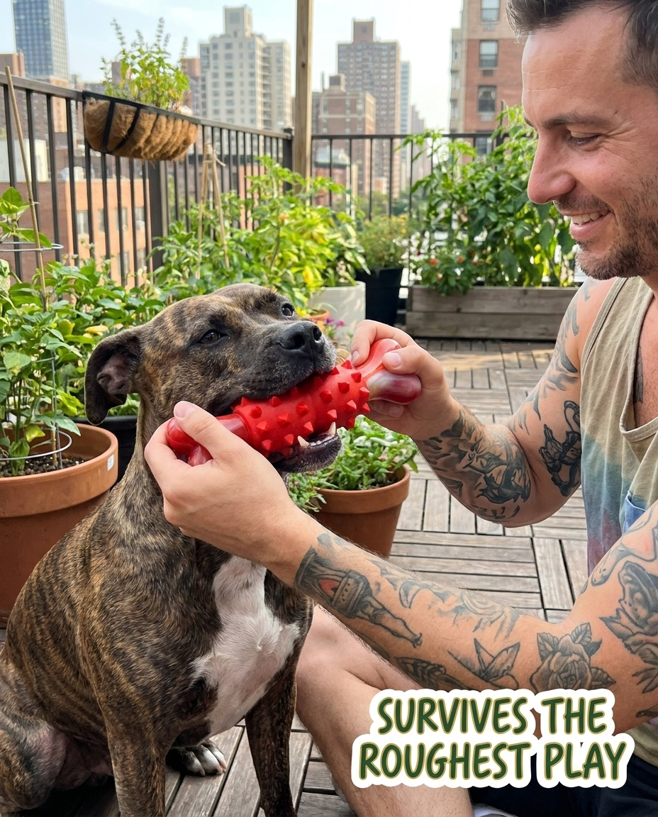 Staffordshire Terrier playing tug-of-war with Chomper Red Bone on rooftop