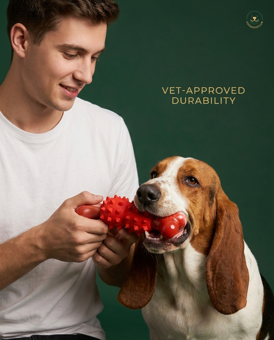 Basset Hound with Chomper Red Bone, minimalist ad