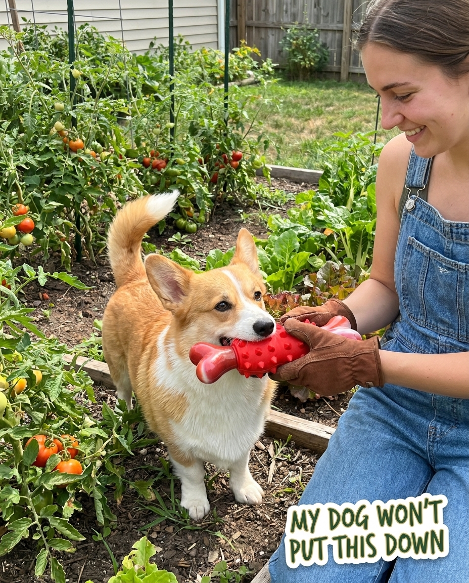 Corgi playing tug-of-war with Chomper Red Bone in garden