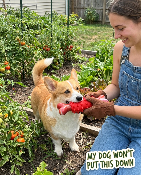 Corgi playing tug-of-war with Chomper Red Bone in garden