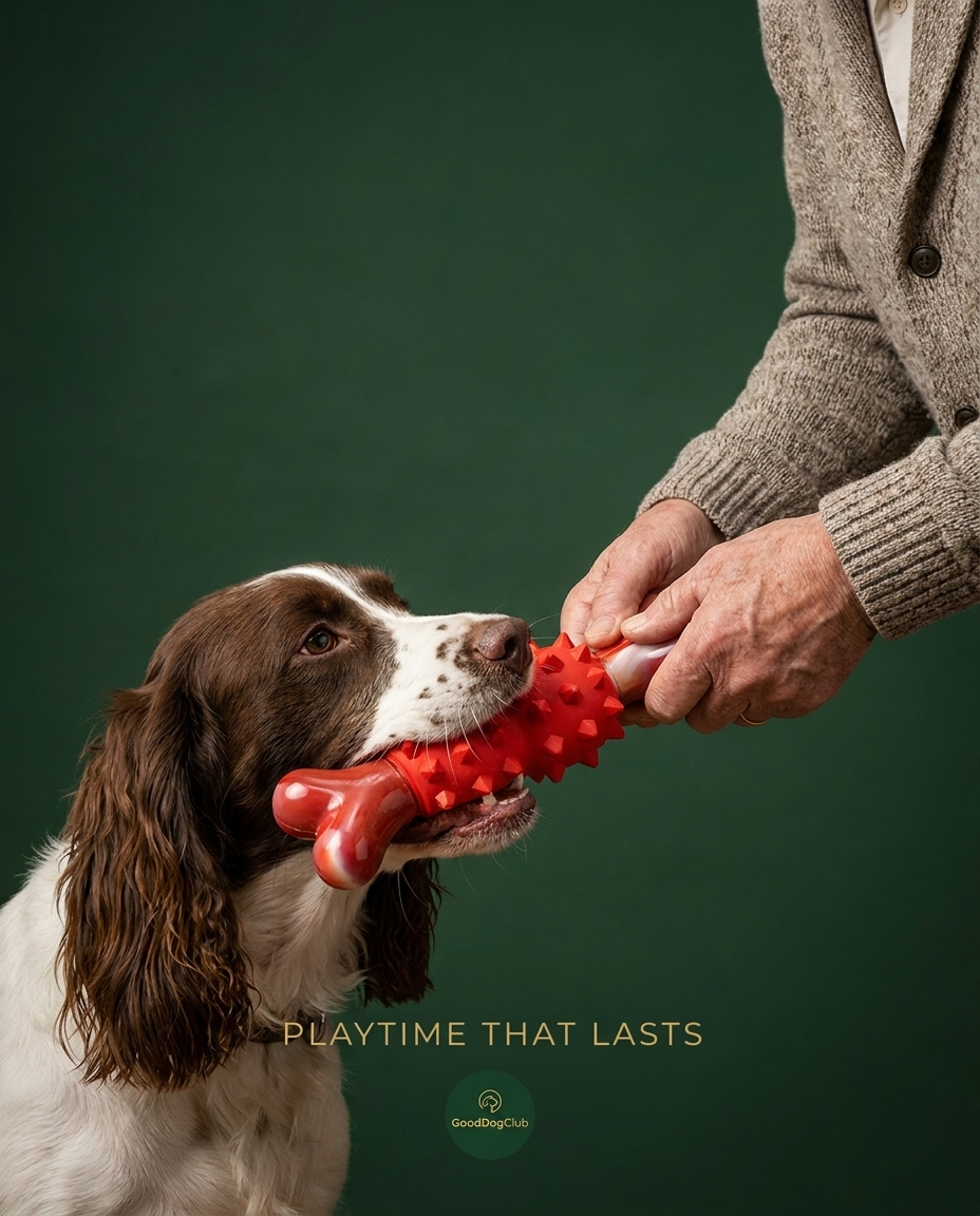 Springer Spaniel with Chomper Red Bone, minimalist ad