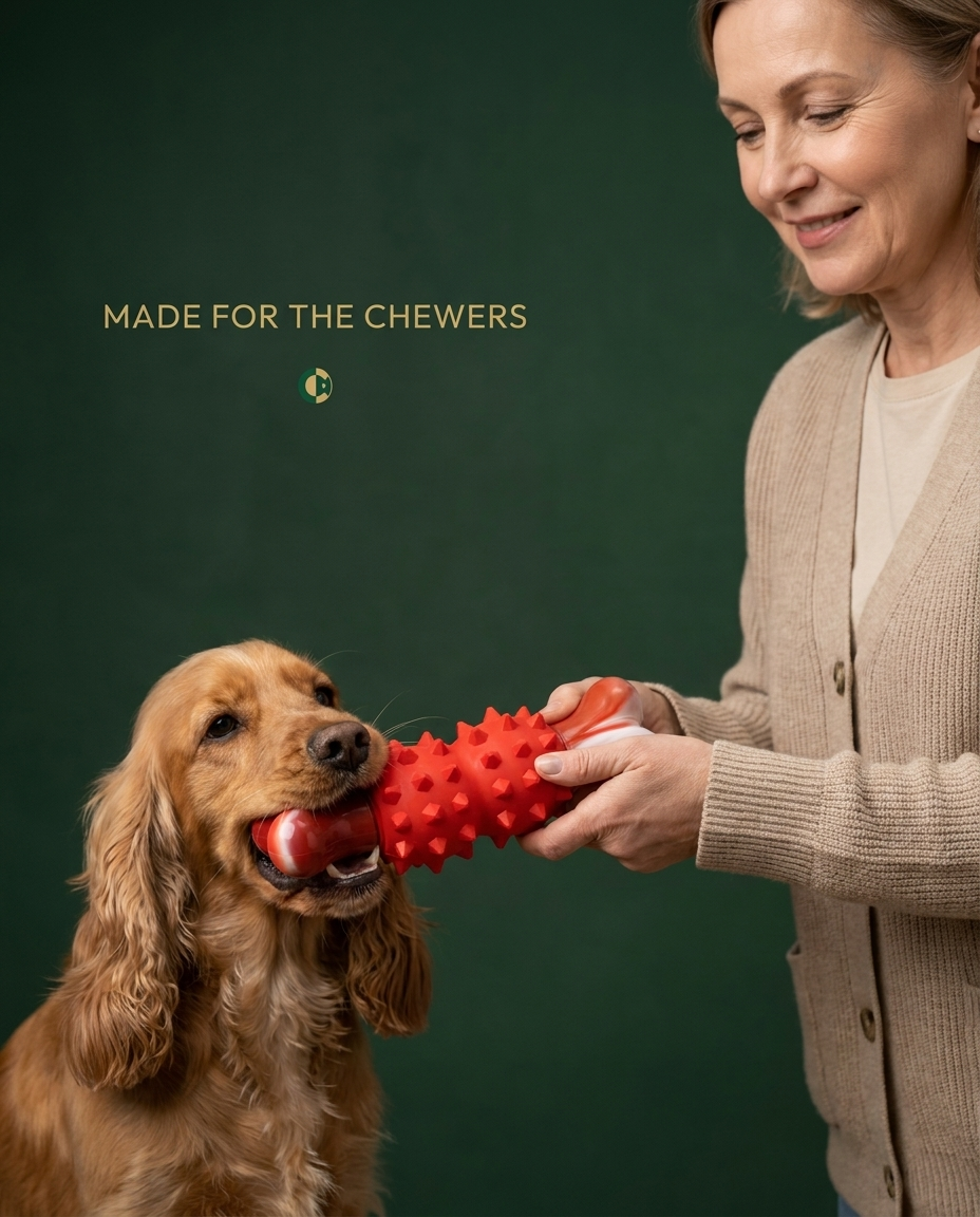 Cocker Spaniel with Chomper Red Bone, minimalist ad