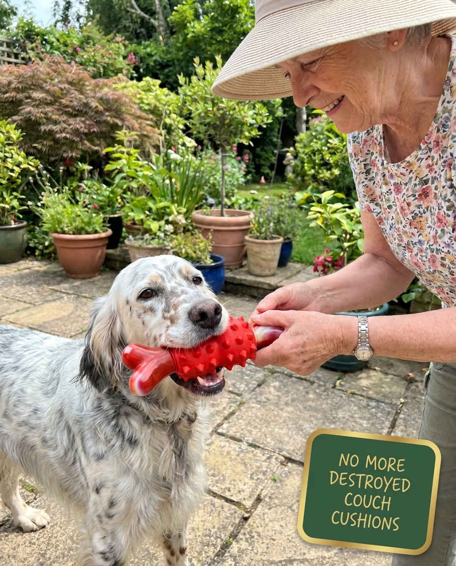 English Setter playing tug-of-war with Chomper Red Bone on patio