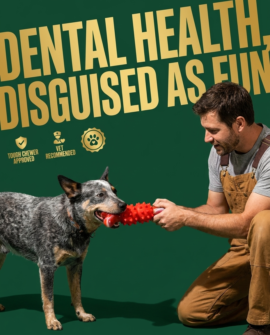 Australian Cattle Dog playing tug-of-war with Chomper Red Bone, bold ad