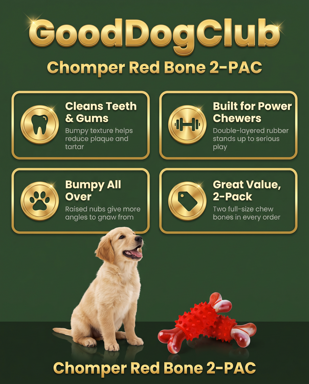 GoodDogClub Chomper Red Bone 2-PAC infographic with benefits