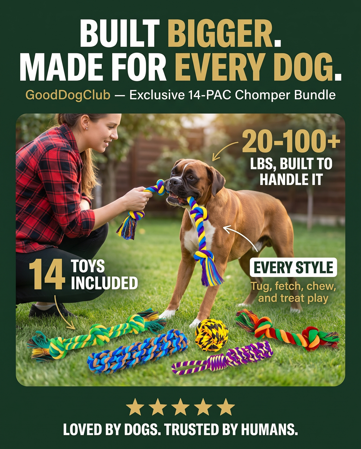 14-PAC Chomper Bundle stat-callout poster ad, Boxer tug-of-war