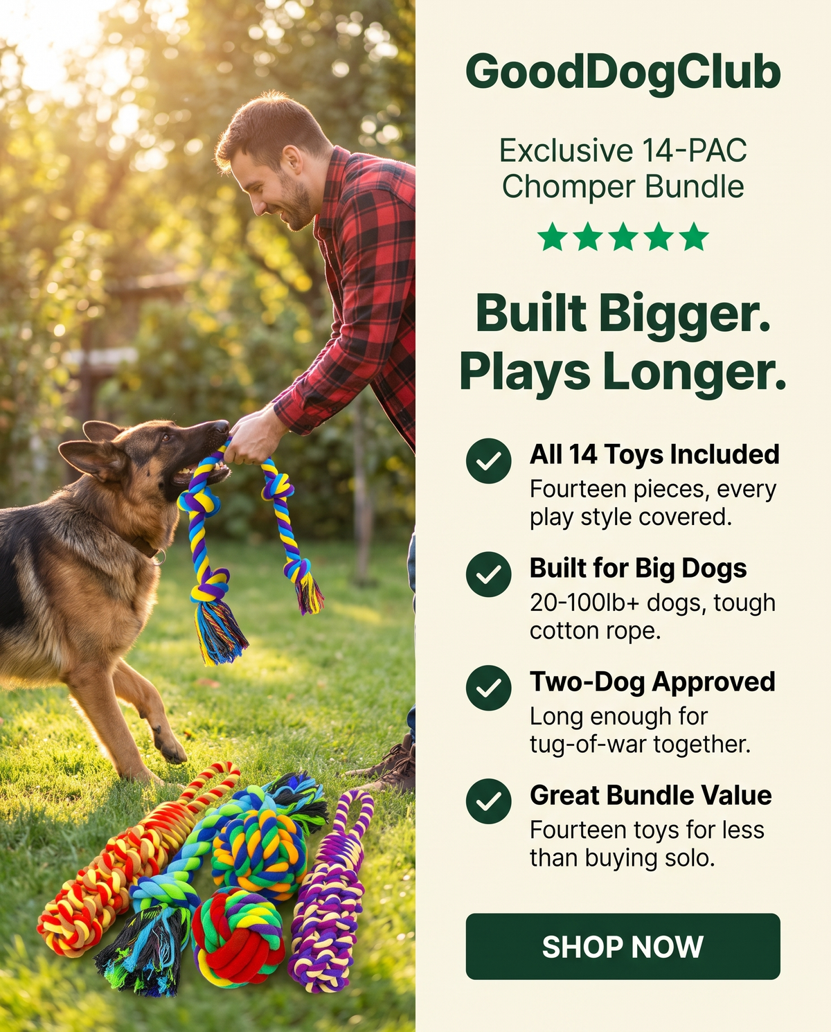 14-PAC Chomper Bundle split-panel checklist ad, German Shepherd