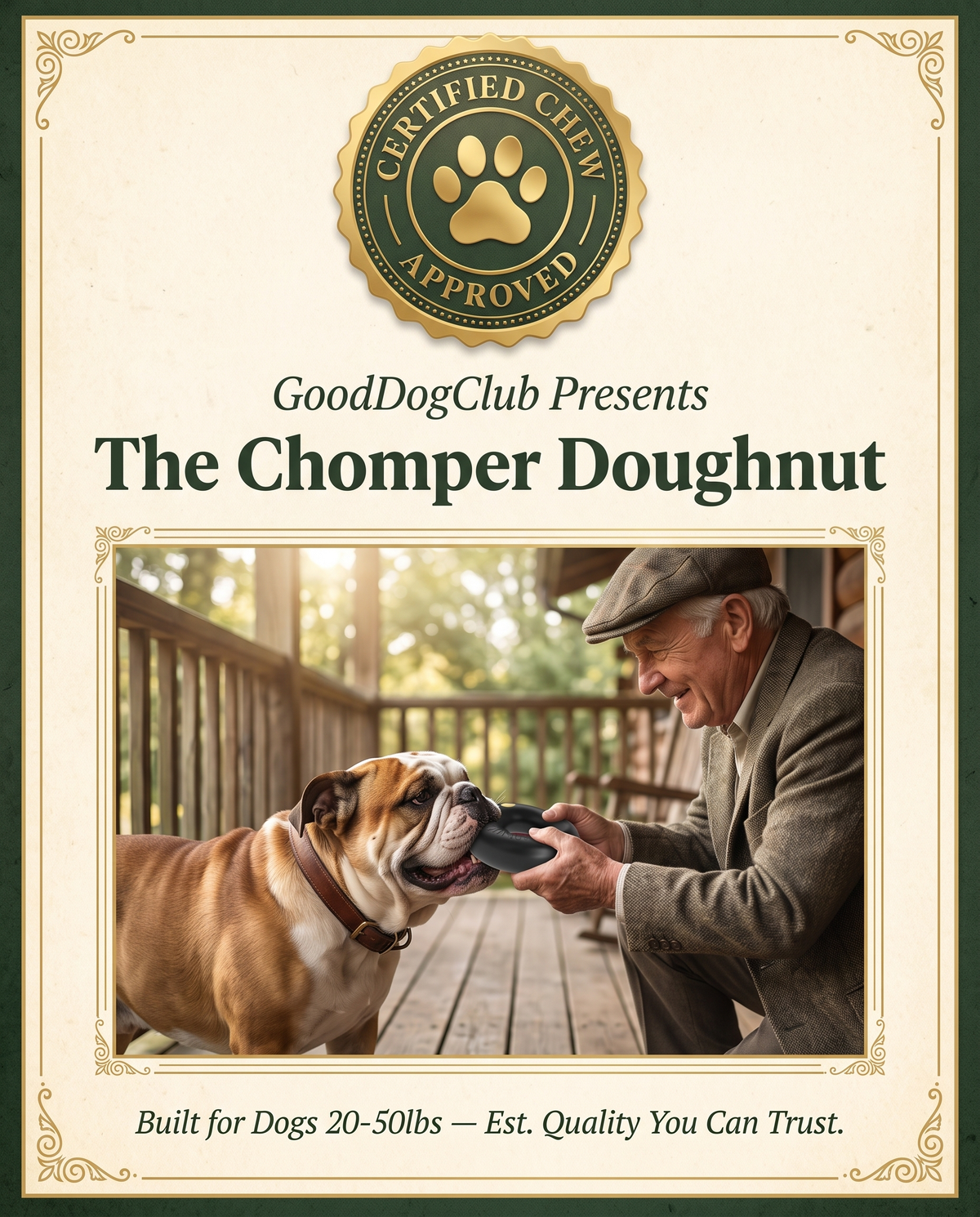 Chomper Doughnut vintage seal ad, Bulldog tug-of-war