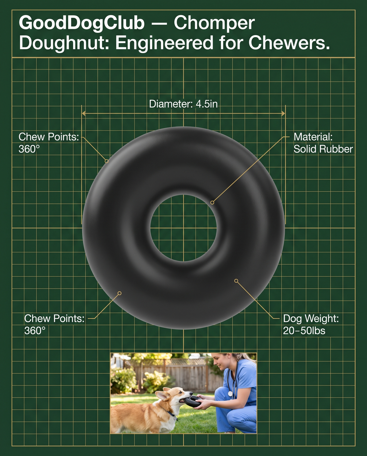Chomper Doughnut blueprint spec-sheet ad, Corgi tug-of-war