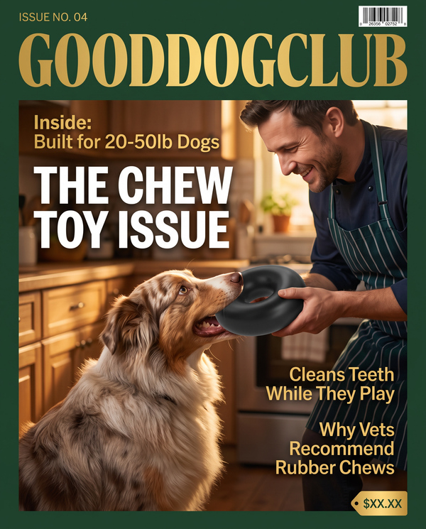 Chomper Doughnut magazine cover ad, Australian Shepherd tug-of-war