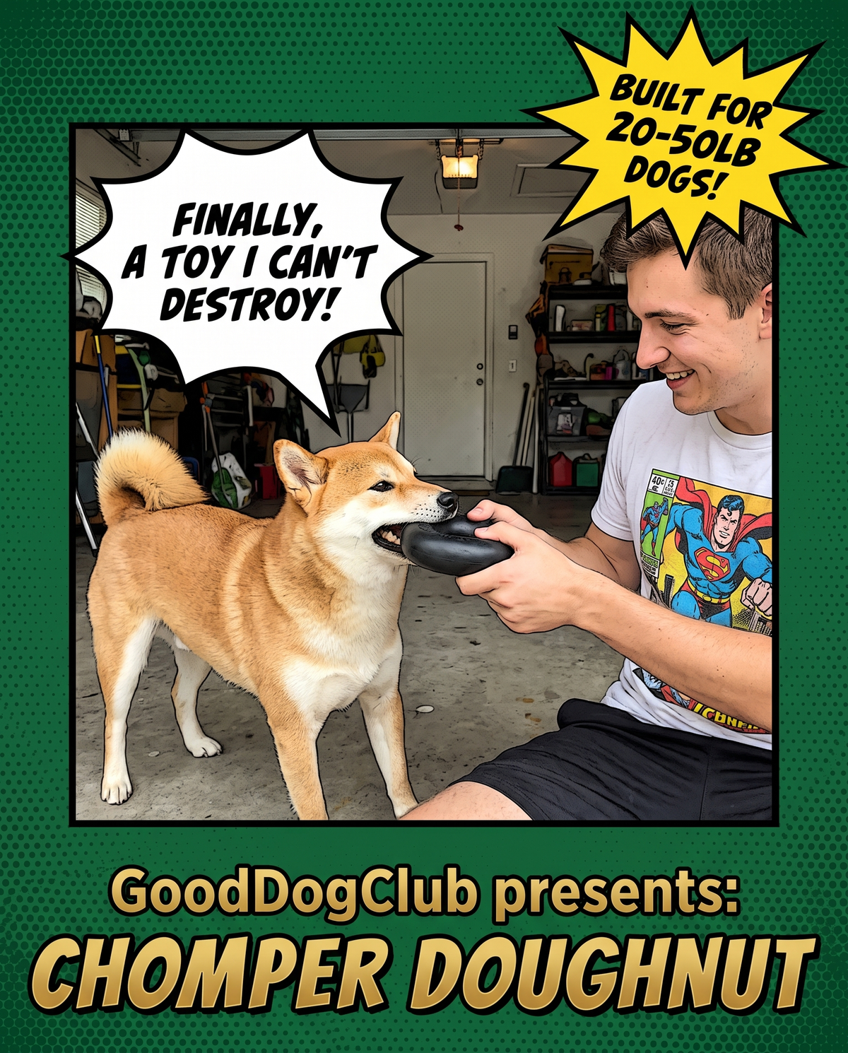Chomper Doughnut comic book style ad, Shiba Inu tug-of-war