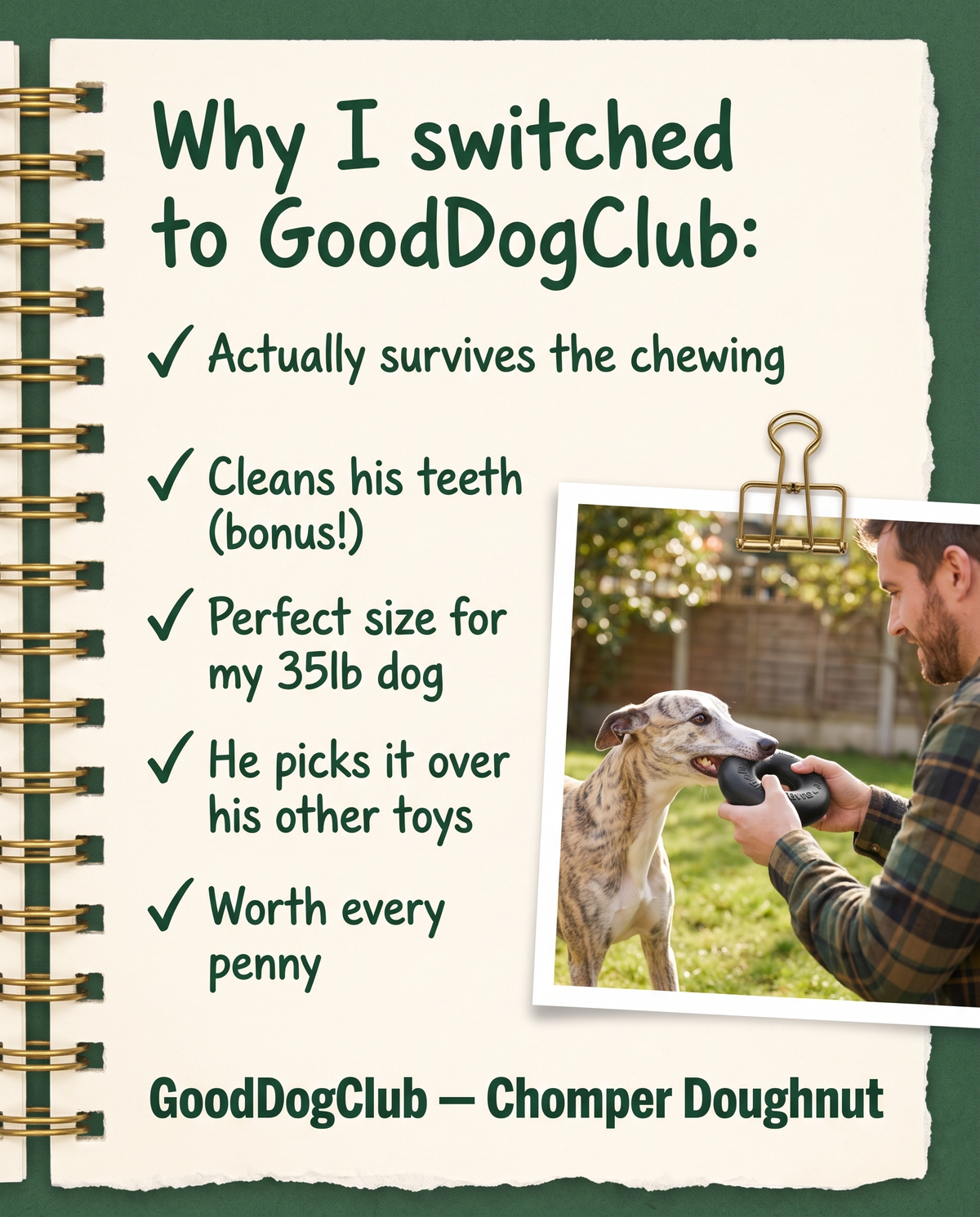 Chomper Doughnut handwritten checklist ad, Whippet tug-of-war
