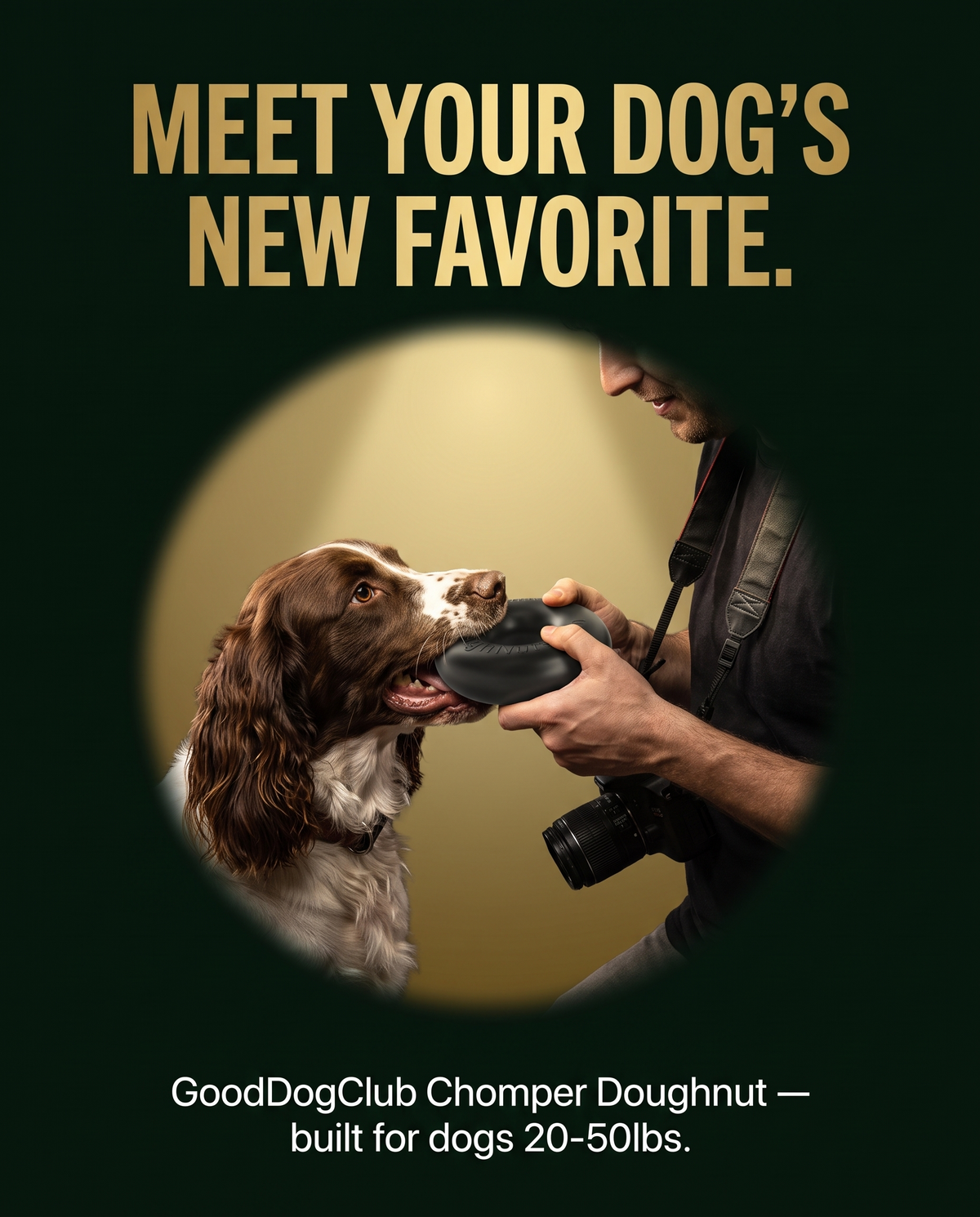 Chomper Doughnut spotlight style ad, Springer Spaniel tug-of-war